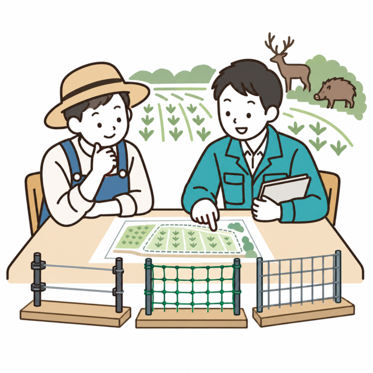 畑の図面と柵の種類を見ながら設計を相談するイラスト