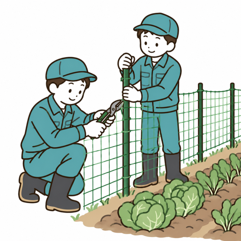 支柱にネットを取り付けて防除柵を設置するイラスト