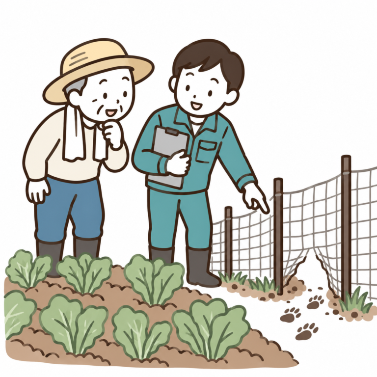 農家の方と畑の被害・侵入箇所を確認するイラスト